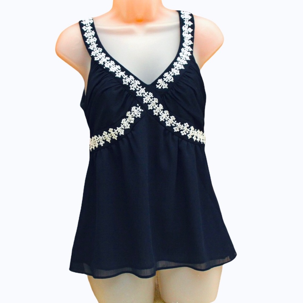 Ann Taylor LOFT Sleeveless Chiffon Top Navy Blue Babydoll‎ Blouse Size 0